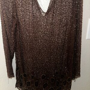 Vintage Brown Sequin Long Sleeve Top
